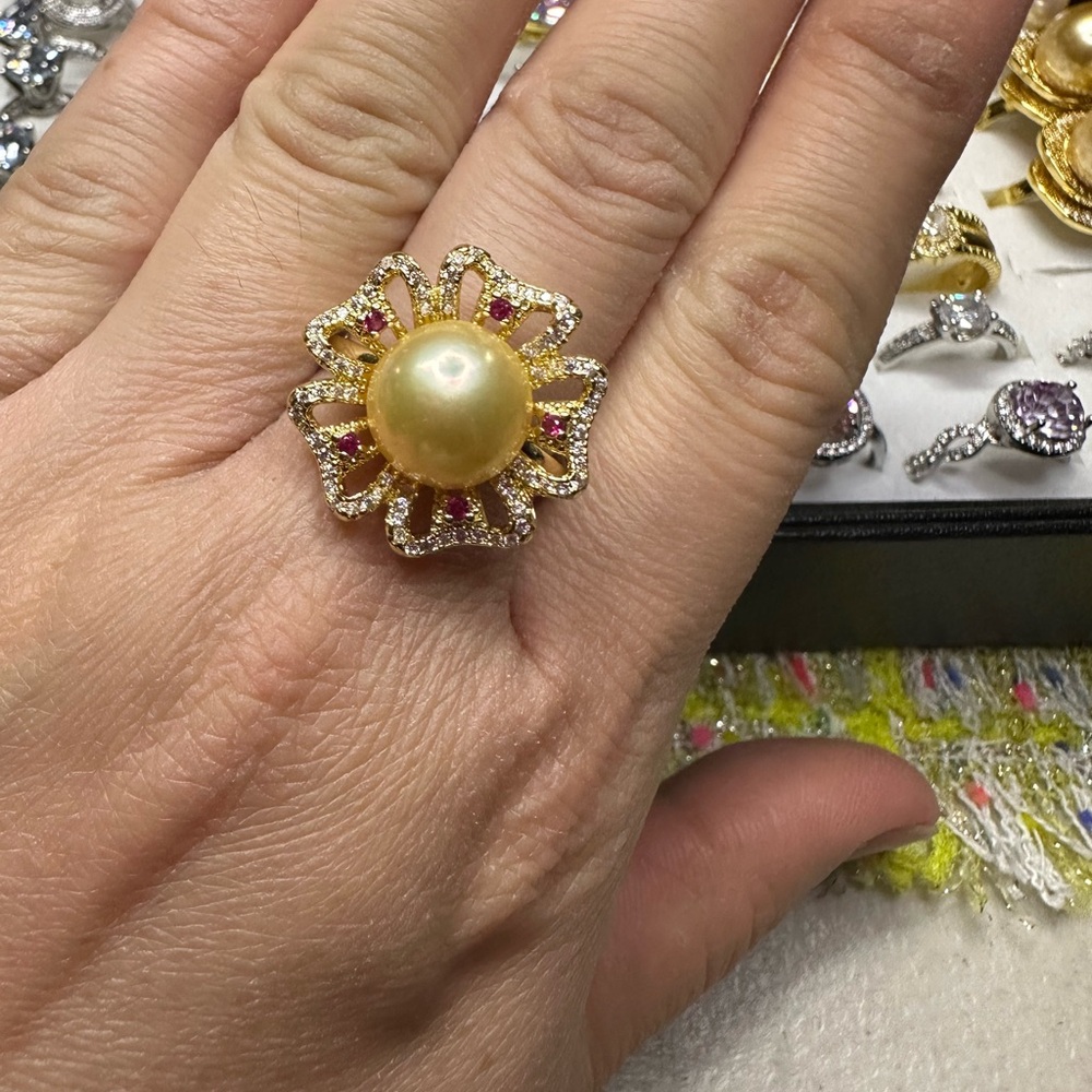 Gold freshwater Pearl Floral Cocktail Ring with Ruby Accents open size